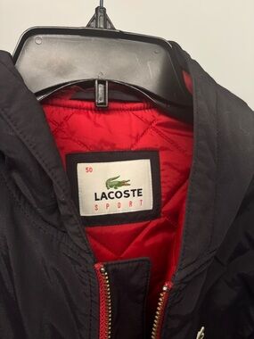 Lacoste Sport Padded Bomber Jacket – Black w/ Red Quilting & Wool Trim men M/L
